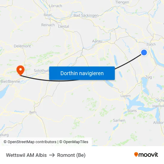 Wettswil AM Albis to Romont (Be) map