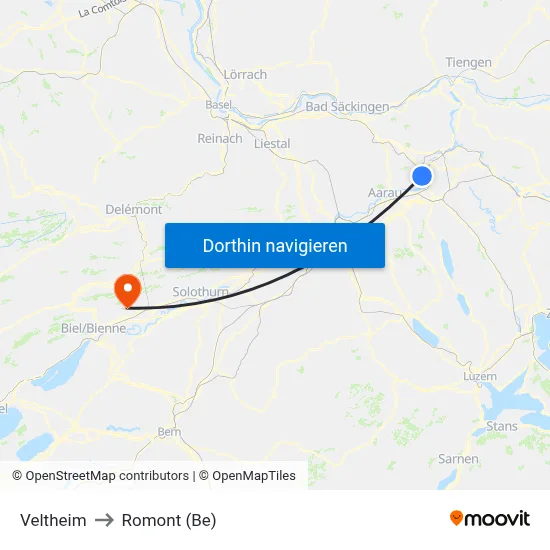 Veltheim to Romont (Be) map