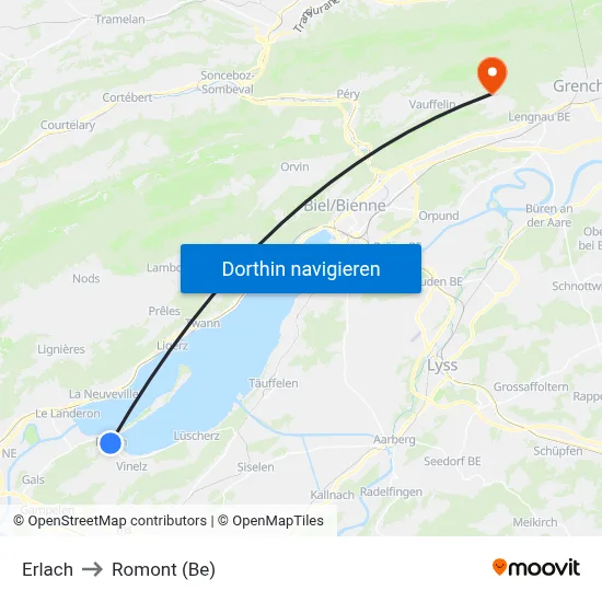 Erlach to Romont (Be) map