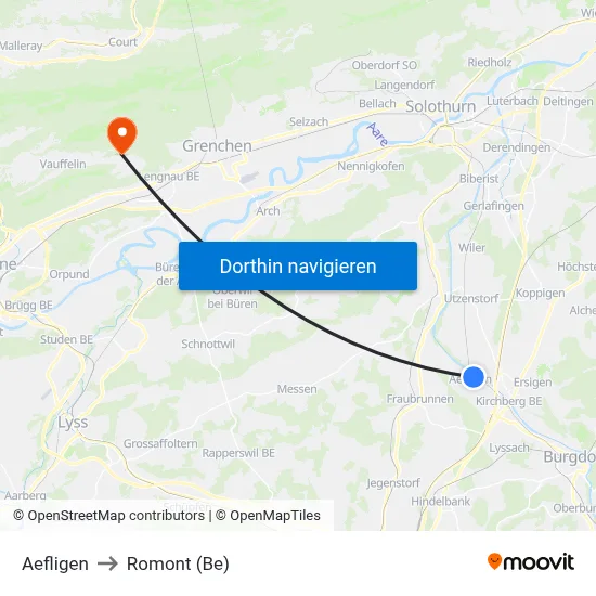 Aefligen to Romont (Be) map