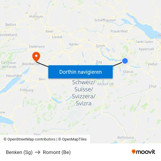 Benken (Sg) to Romont (Be) map