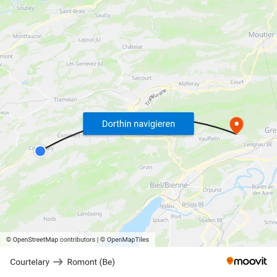 Courtelary to Romont (Be) map
