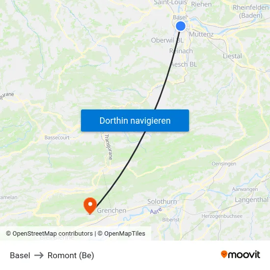 Basel to Romont (Be) map