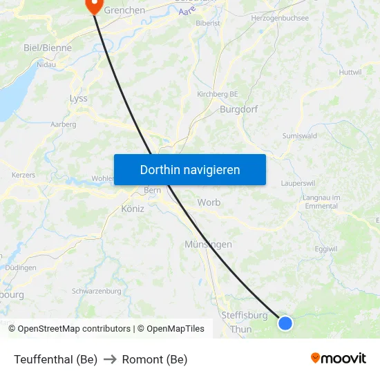 Teuffenthal (Be) to Romont (Be) map