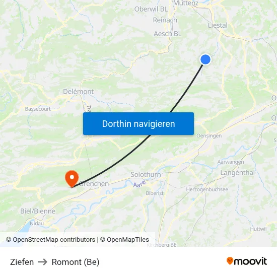 Ziefen to Romont (Be) map