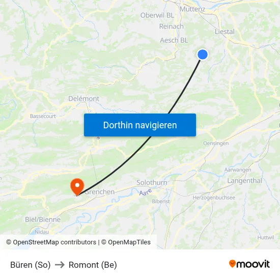 Büren (So) to Romont (Be) map