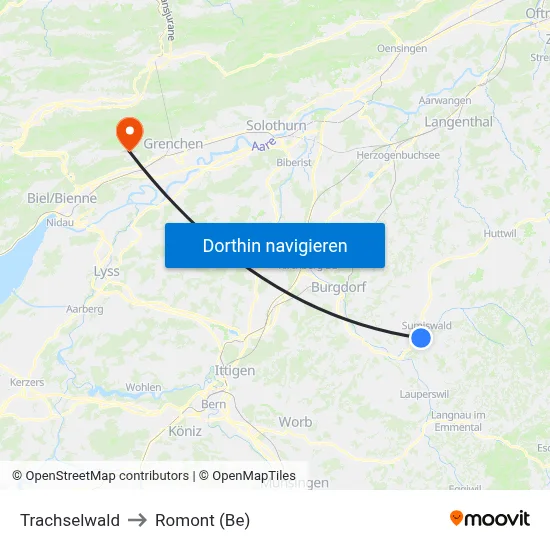 Trachselwald to Romont (Be) map