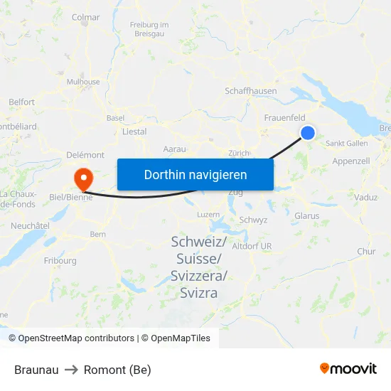 Braunau to Romont (Be) map