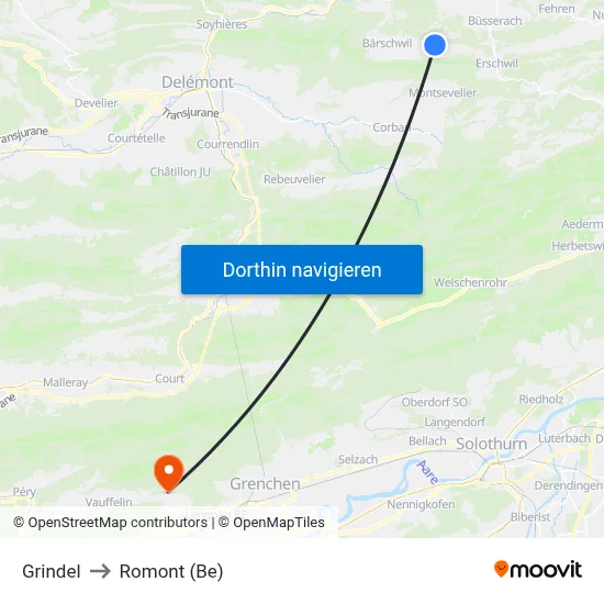 Grindel to Romont (Be) map