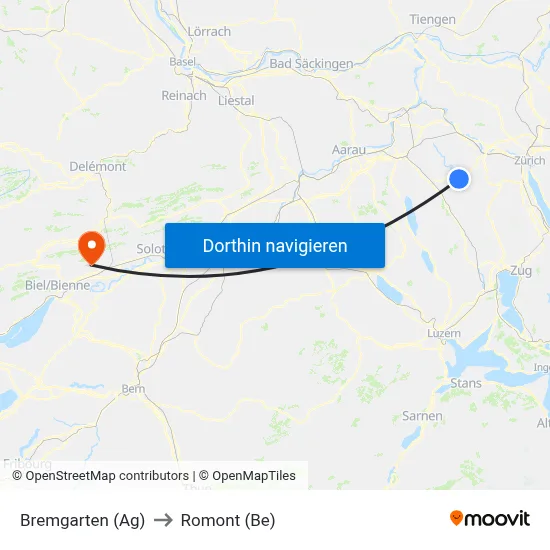 Bremgarten (Ag) to Romont (Be) map