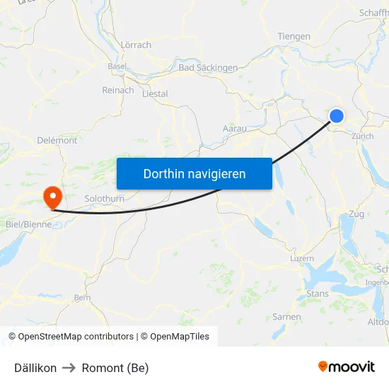 Dällikon to Romont (Be) map