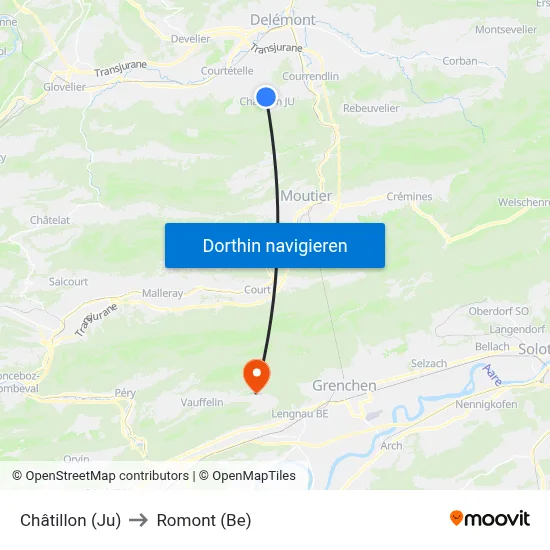 Châtillon (Ju) to Romont (Be) map