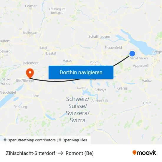 Zihlschlacht-Sitterdorf to Romont (Be) map