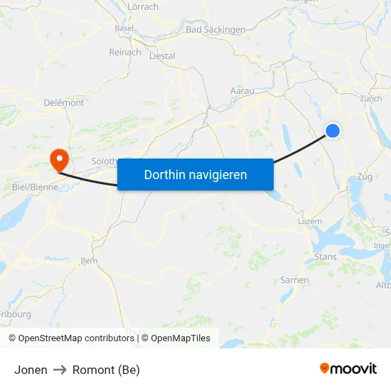 Jonen to Romont (Be) map