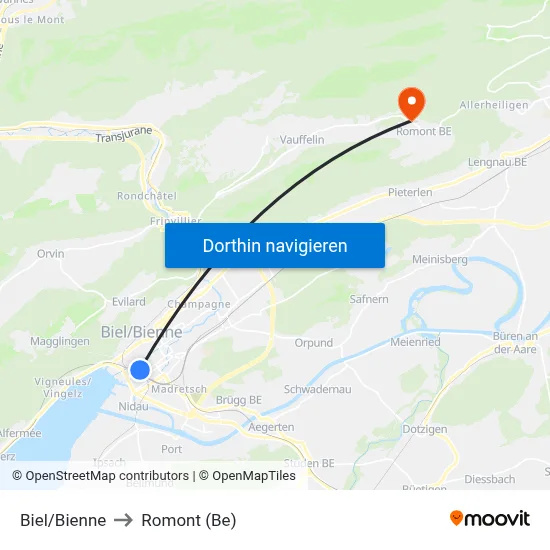 Biel/Bienne to Romont (Be) map