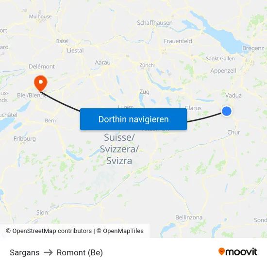 Sargans to Romont (Be) map