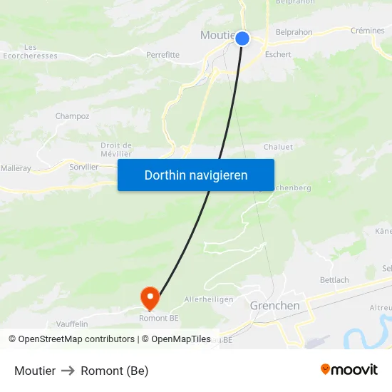 Moutier to Romont (Be) map