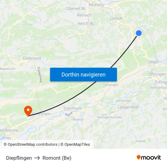 Diepflingen to Romont (Be) map