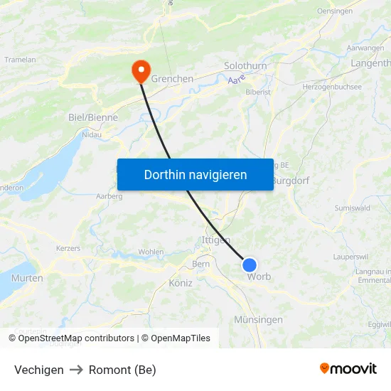 Vechigen to Romont (Be) map