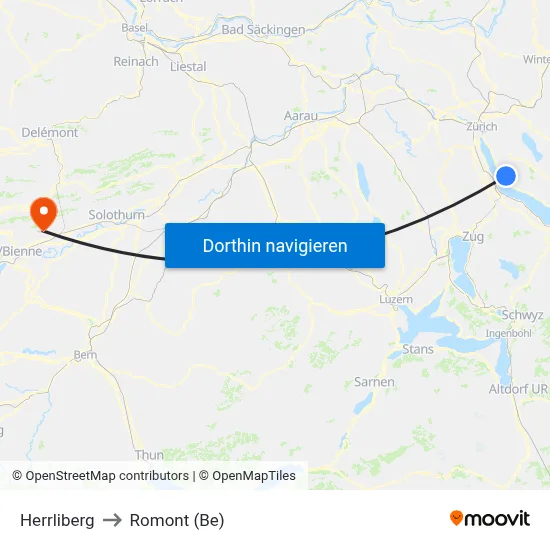 Herrliberg to Romont (Be) map