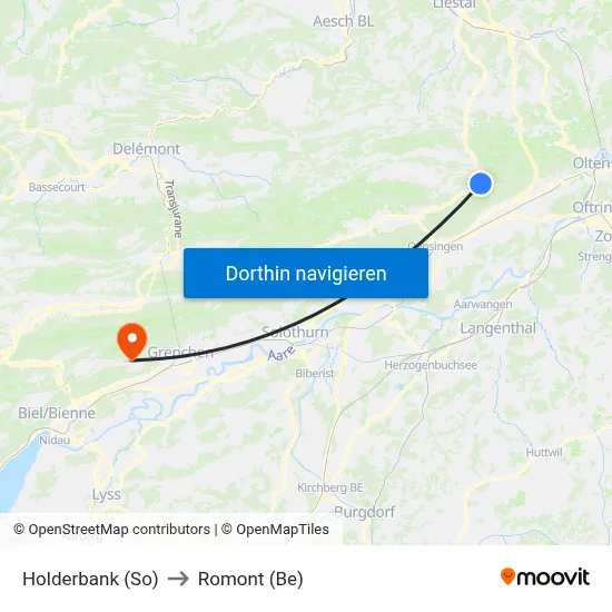 Holderbank (So) to Romont (Be) map