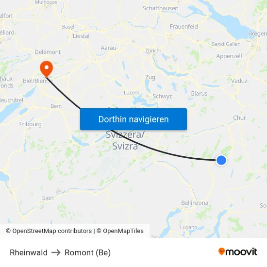 Rheinwald to Romont (Be) map