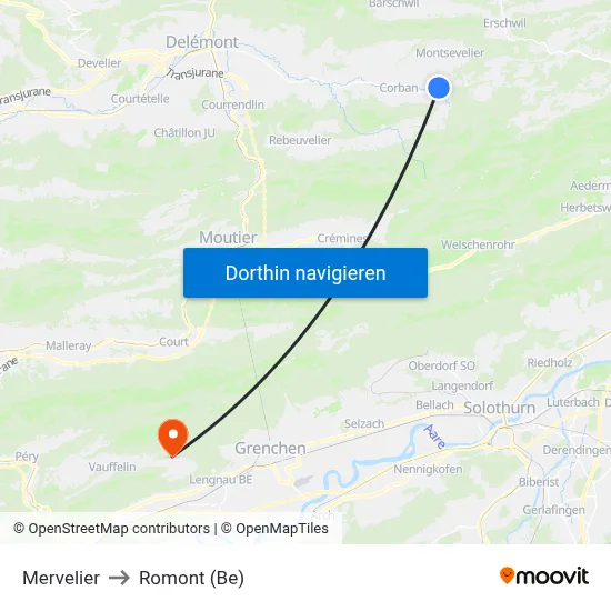 Mervelier to Romont (Be) map