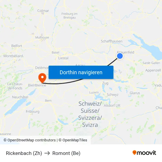 Rickenbach (Zh) to Romont (Be) map