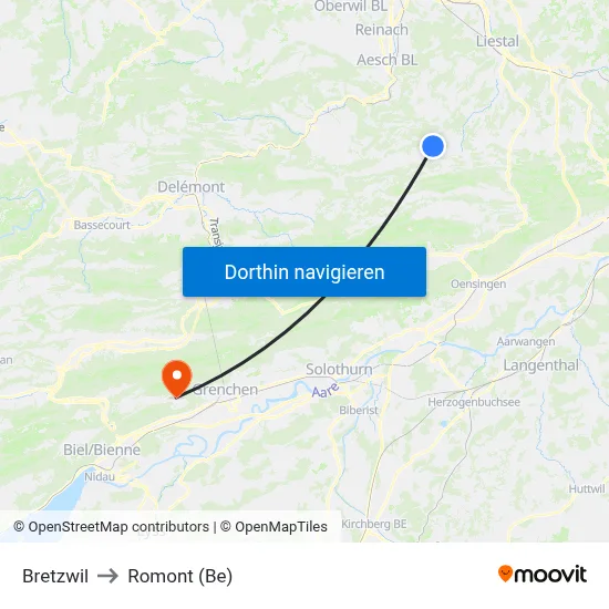 Bretzwil to Romont (Be) map