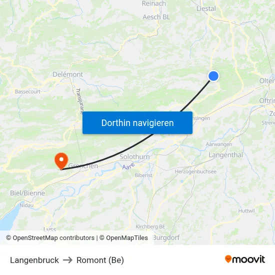 Langenbruck to Romont (Be) map