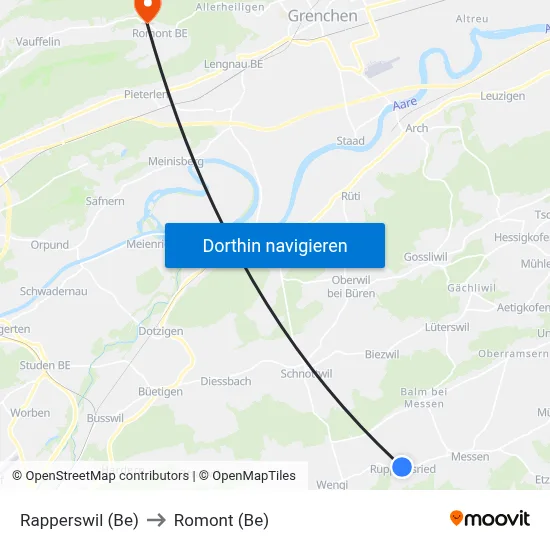 Rapperswil (Be) to Romont (Be) map