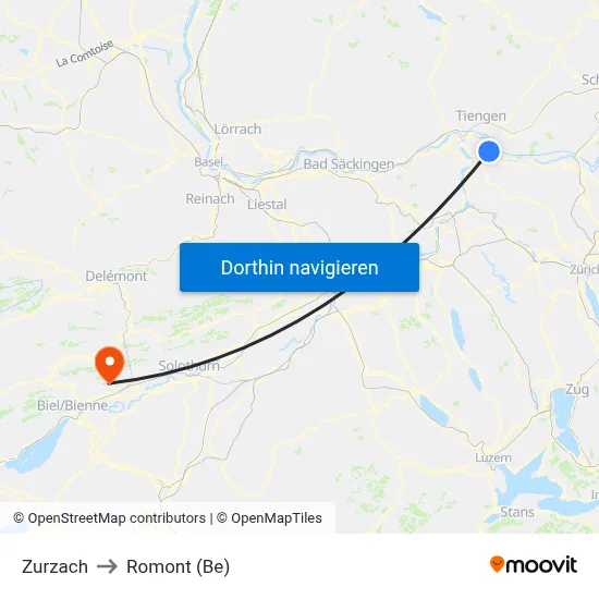 Zurzach to Romont (Be) map