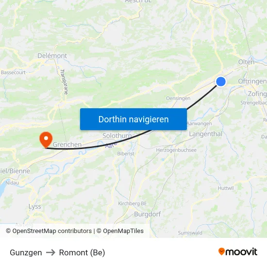 Gunzgen to Romont (Be) map