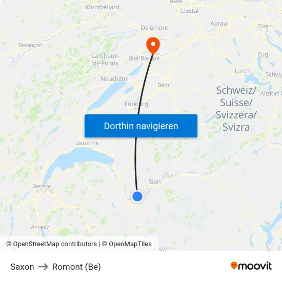 Saxon to Romont (Be) map