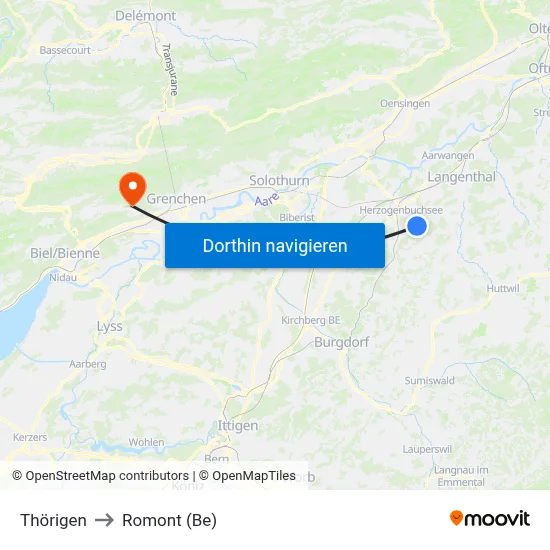 Thörigen to Romont (Be) map