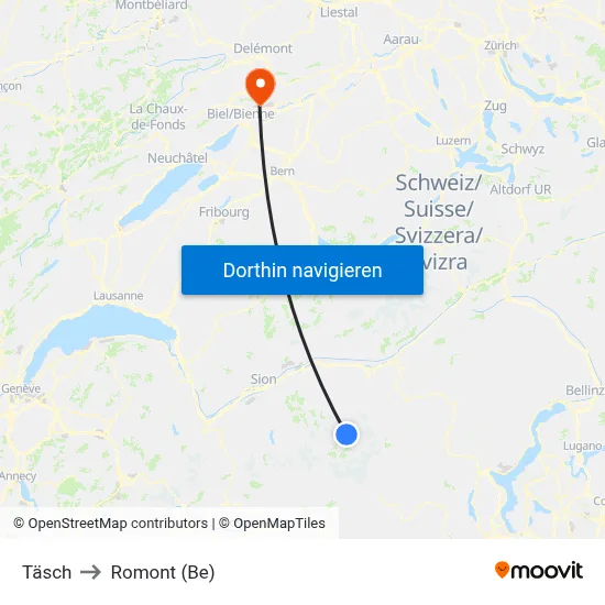 Täsch to Romont (Be) map