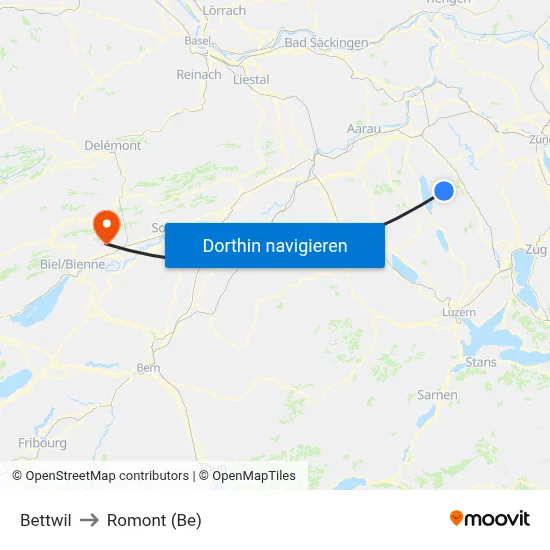 Bettwil to Romont (Be) map