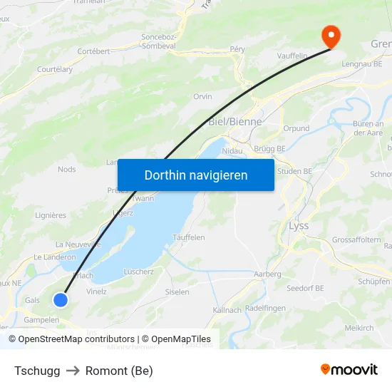Tschugg to Romont (Be) map