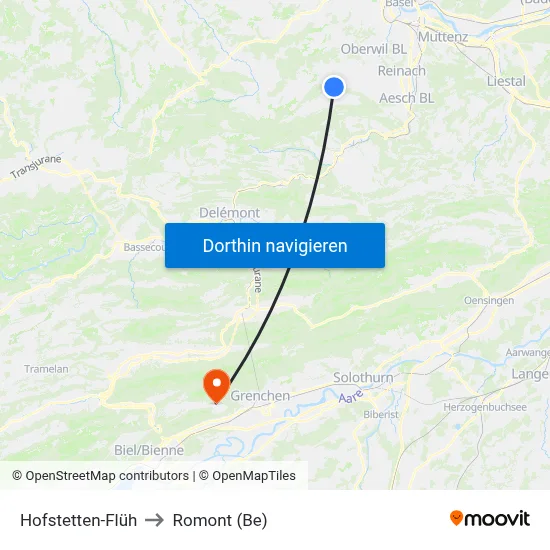 Hofstetten-Flüh to Romont (Be) map