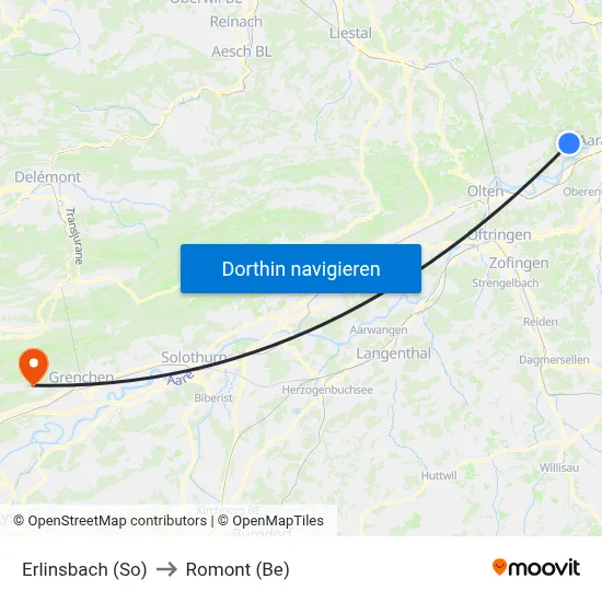 Erlinsbach (So) to Romont (Be) map