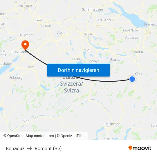 Bonaduz to Romont (Be) map
