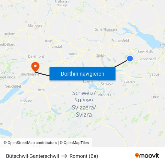 Bütschwil-Ganterschwil to Romont (Be) map