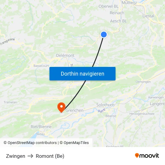 Zwingen to Romont (Be) map