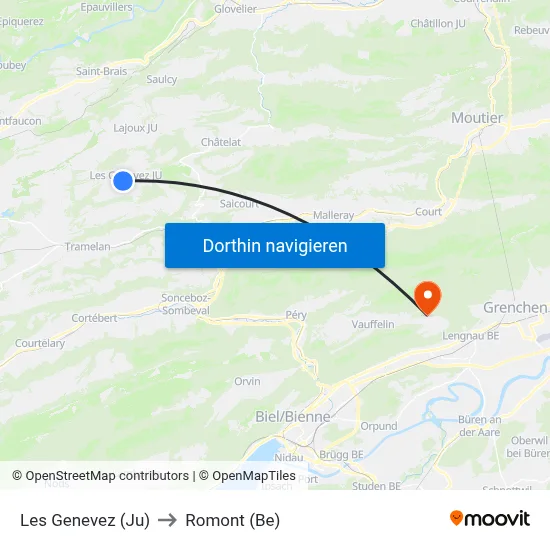 Les Genevez (Ju) to Romont (Be) map
