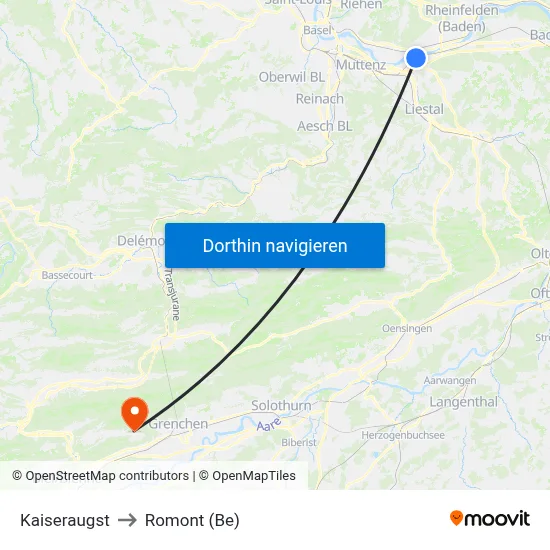 Kaiseraugst to Romont (Be) map