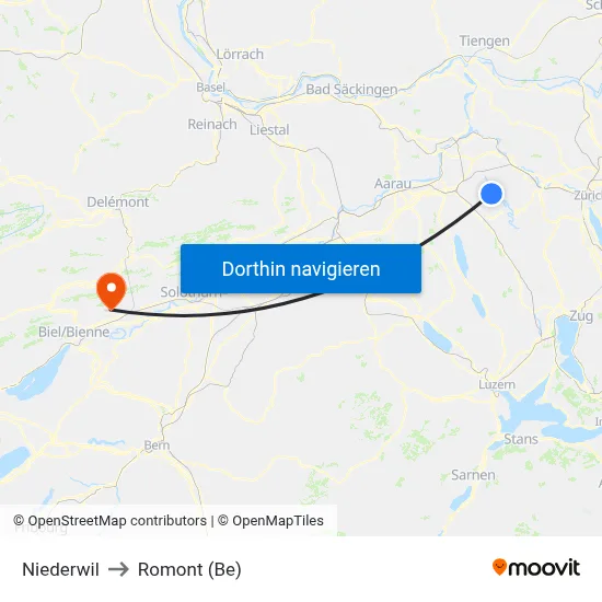 Niederwil to Romont (Be) map