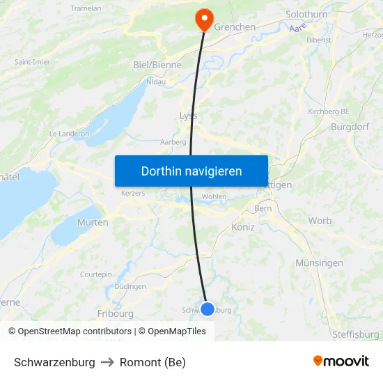 Schwarzenburg to Romont (Be) map