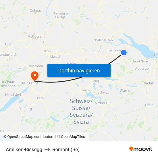Amlikon-Bissegg to Romont (Be) map