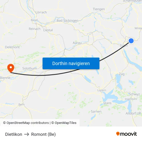 Dietlikon to Romont (Be) map