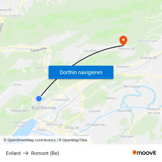 Evilard to Romont (Be) map